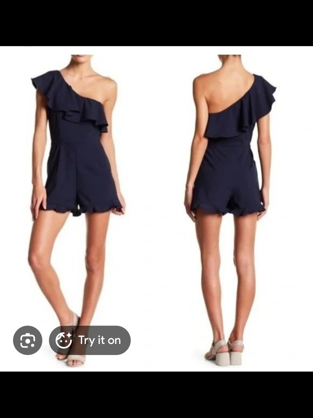 J By J.O.A. Navy One-Shoulder Ruffle Romper. Size Large